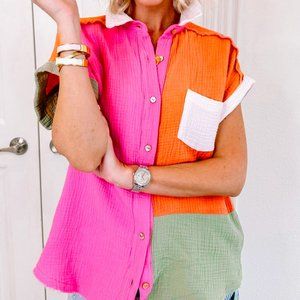 Women's Casual Short Sleeve Button Down Blouse Multicolor Size XL